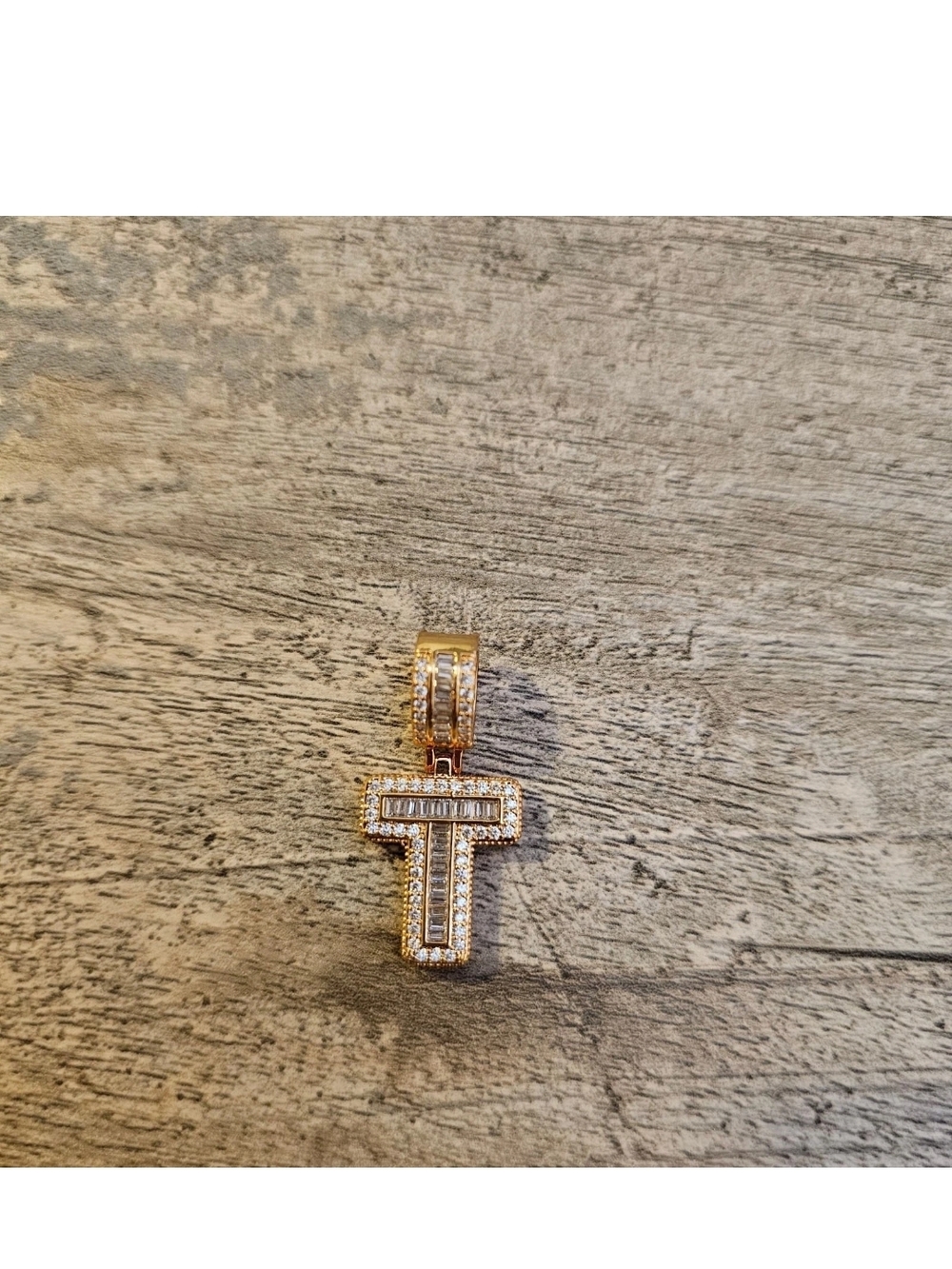 Gold T-Initial Pendant Necklace with Clear Stones